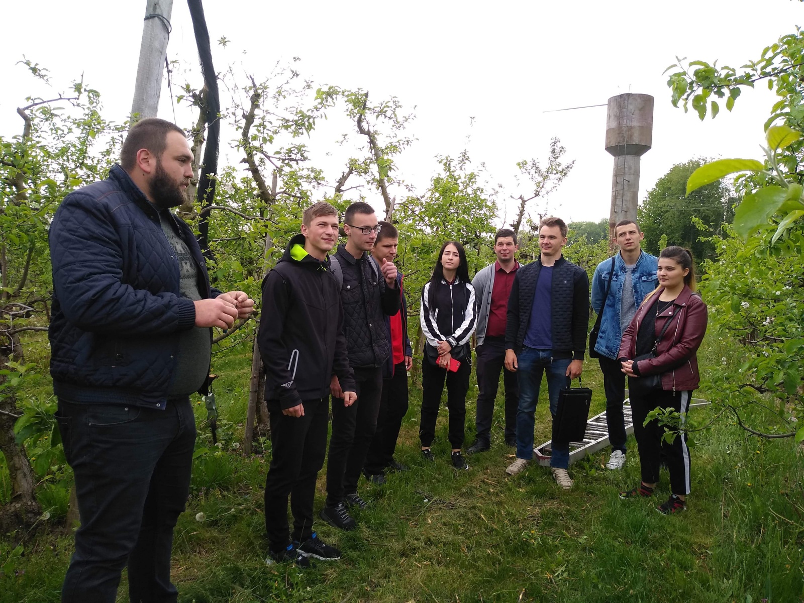 На практичному занятті з дисципліни «Сучасні технології в садівництві та виноградарстві» в яблуневому саду голландського типу студенти Уманського НУС розгортали градозахисну сітку